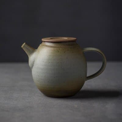 Théière antique japonaise en céramique grise-verte_1