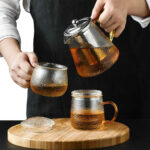Service à thé en verre – Théière en verre avec filtre – Bouilloire Verre borosilicate – Hanse doré – 13×12.5x7cm 900ml 12
