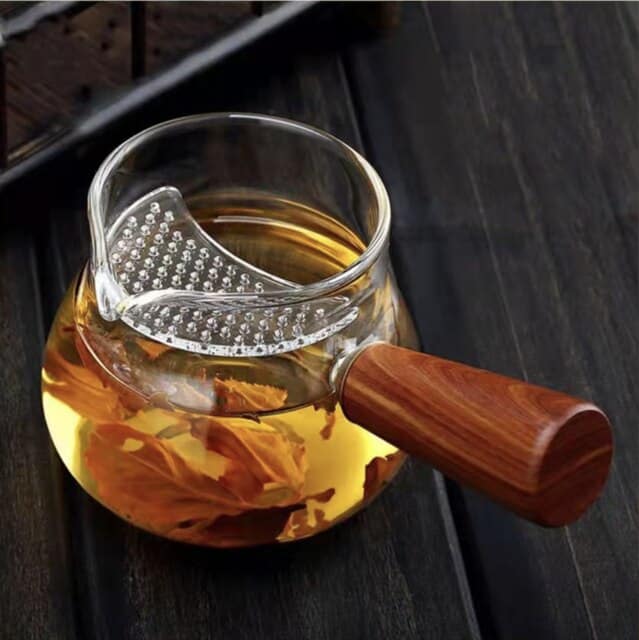 Service à thé transparent à poignée latérale dorée Poignée bois