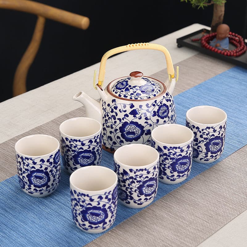 Service à thé marocain créatif en céramique peint à la main Bleu et blanc China 7 pièces