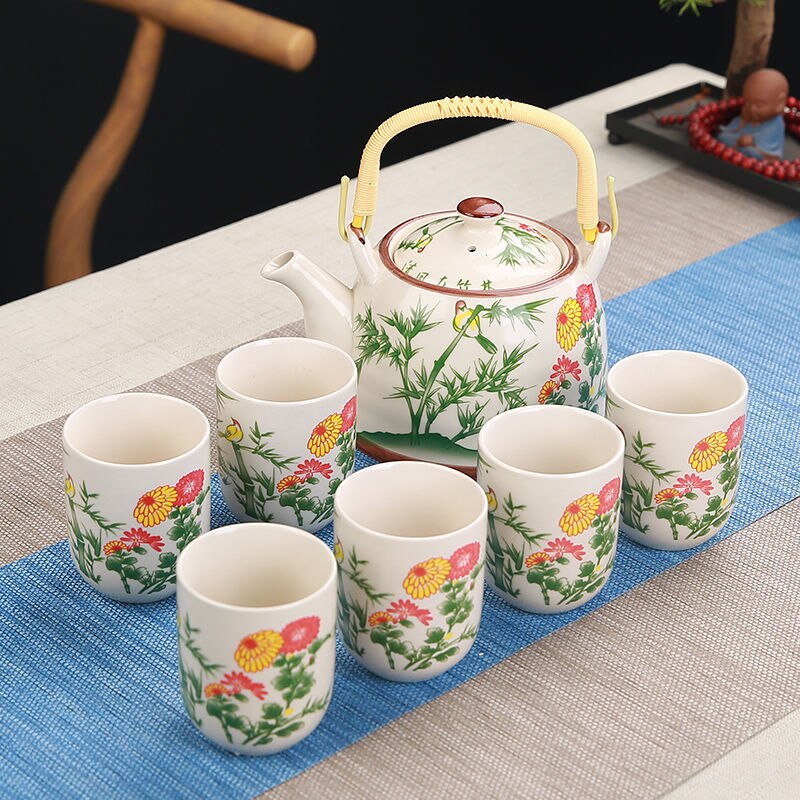 Service à thé marocain créatif en céramique peint à la main Fleur verte China 7 pièces