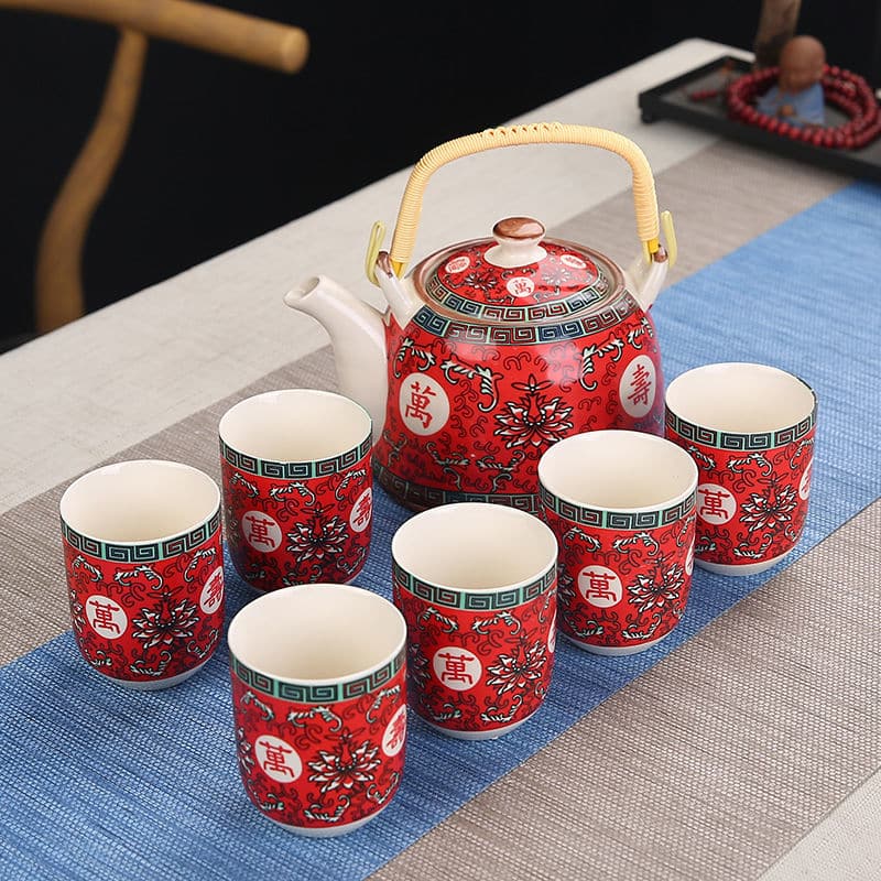 Service à thé marocain créatif en céramique peint à la main Rouge China 7 pièces