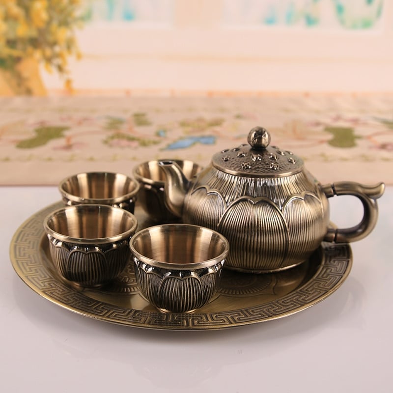 Service à thé marocain rétro en alliage de Lotus 6 pièces cuivre