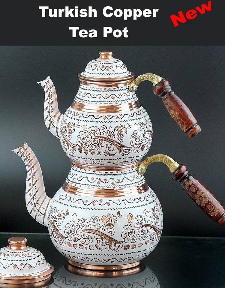 Service à thé turc en cuivre antique Théière blanche TURKEY
