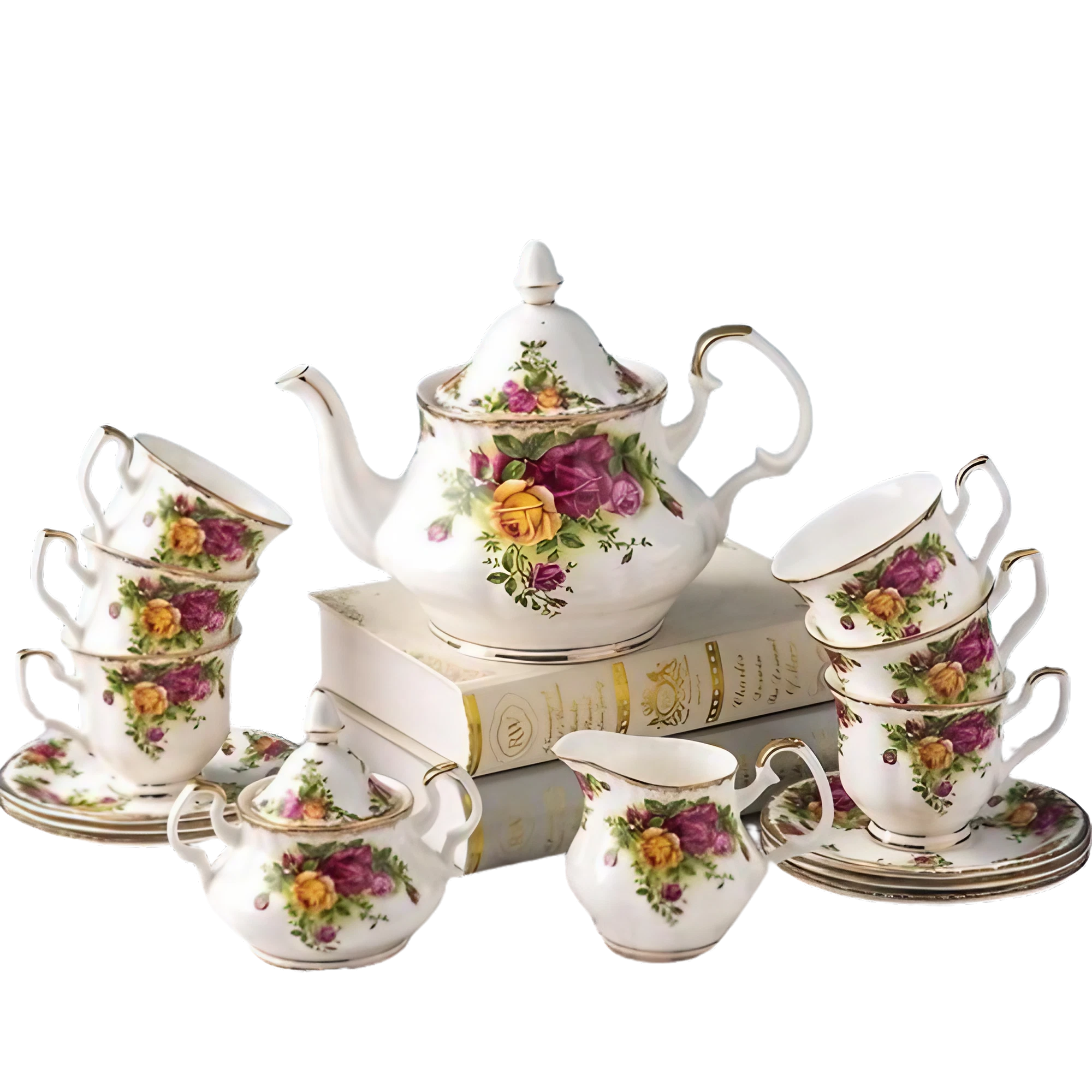 Service à thé anglais ancien en porcelaine à motif floral