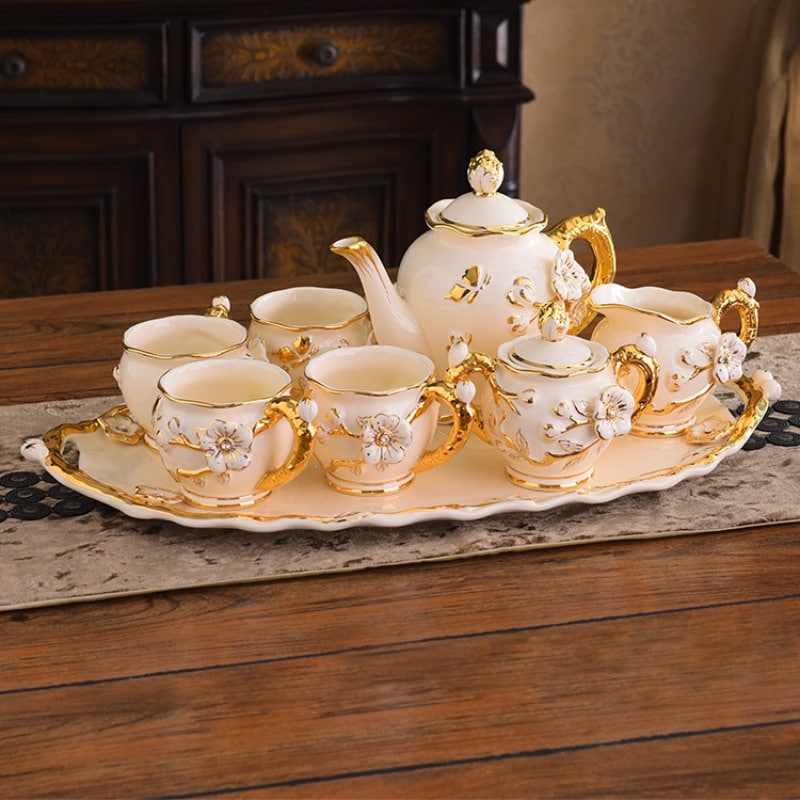 Service à thé anglais en céramique beige doré ancien_1
