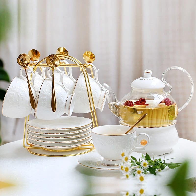 Service à thé anglais en porcelaine élégant avec porte-cuillère blanc-doré_1