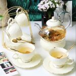 Service à thé anglais en porcelaine élégant avec porte-cuillère blanc-doré_10