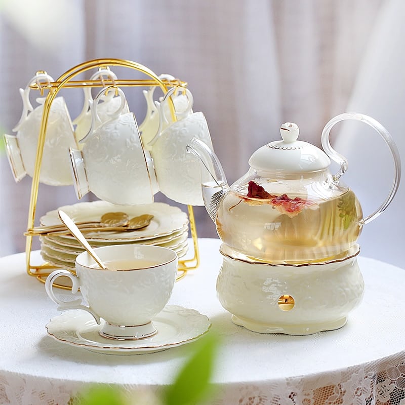 Service à thé anglais en porcelaine élégant avec porte-cuillère blanc-doré_11