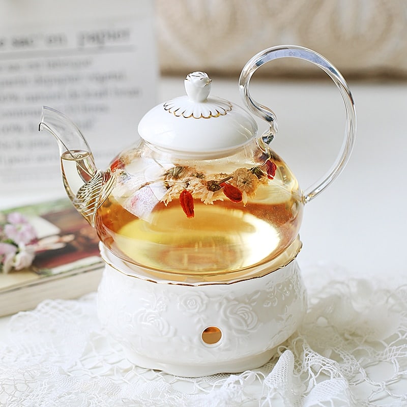 Service à thé anglais en porcelaine élégant avec porte-cuillère blanc-doré_17