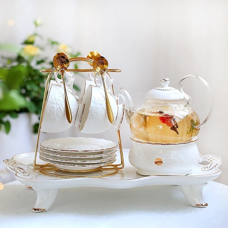Service à thé anglais en porcelaine élégant avec porte-cuillère blanc-doré_4