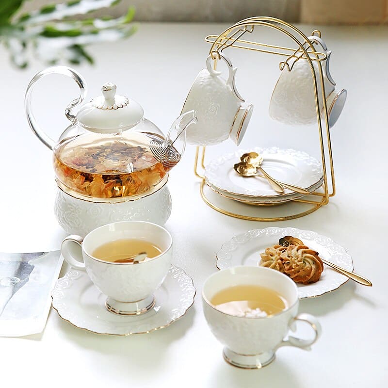 Service à thé anglais en porcelaine élégant avec porte-cuillère blanc-doré_6