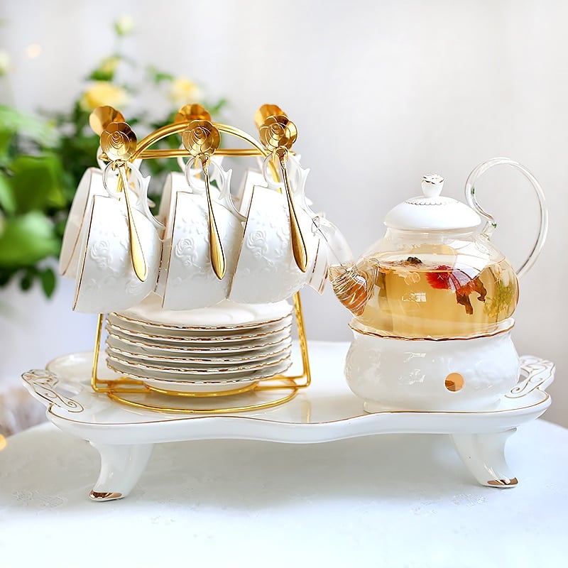 Service à thé anglais en porcelaine élégant avec porte-cuillère blanc-doré_8