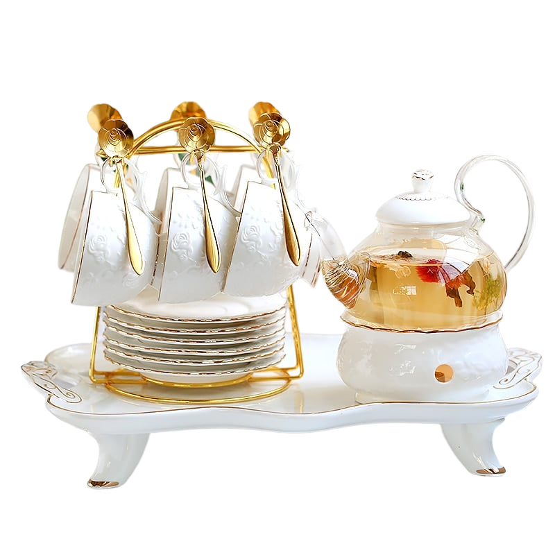 Service à thé anglais en porcelaine élégant avec porte-cuillère blanc-doré