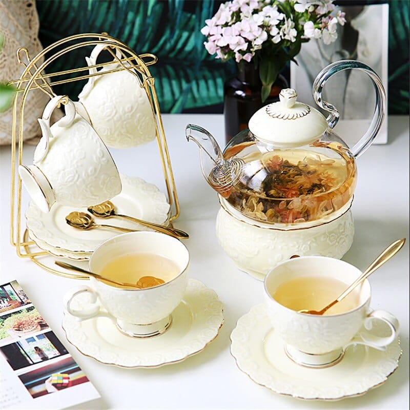 Service à thé anglais en porcelaine élégant avec porte-cuillère blanc-doré Lot 1 China