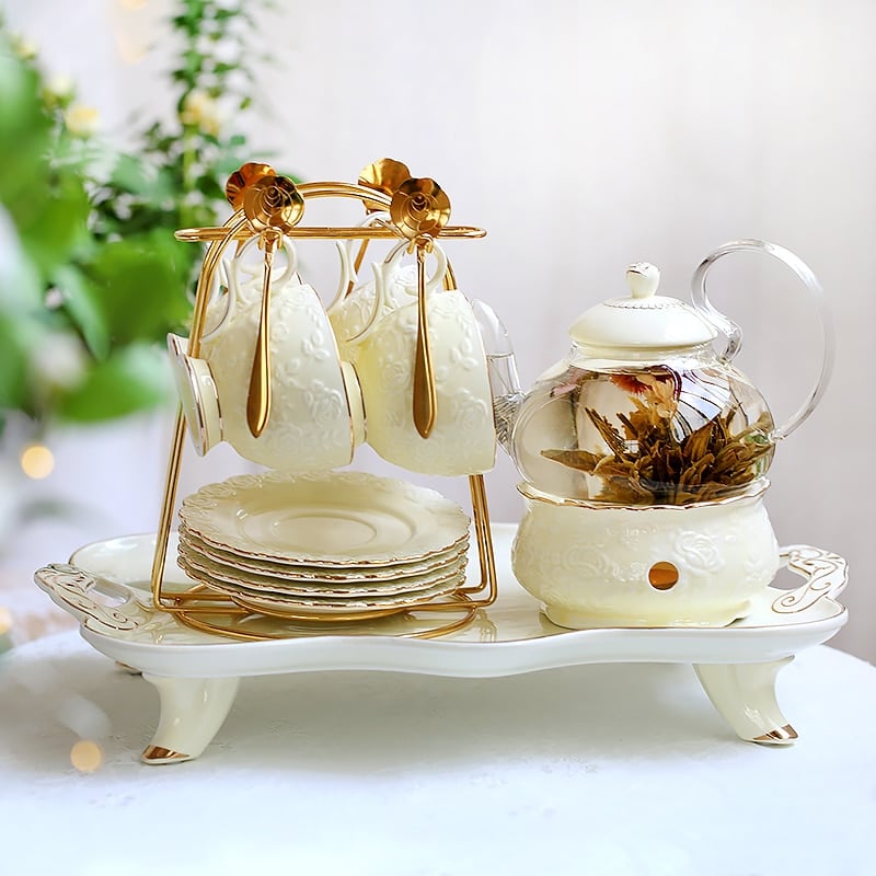 Service à thé anglais en porcelaine élégant avec porte-cuillère blanc-doré Lot 3 China