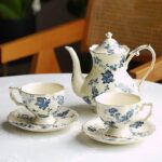 Service à thé anglais style rétro en céramique bleu-blanc_10