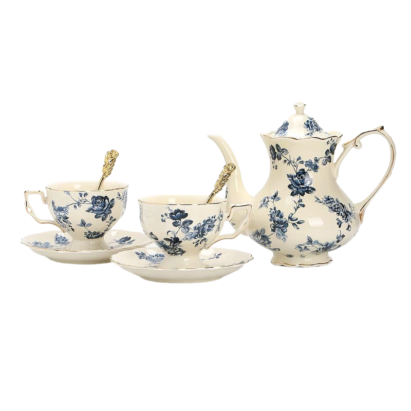 Service à thé anglais style rétro en céramique bleu-blanc