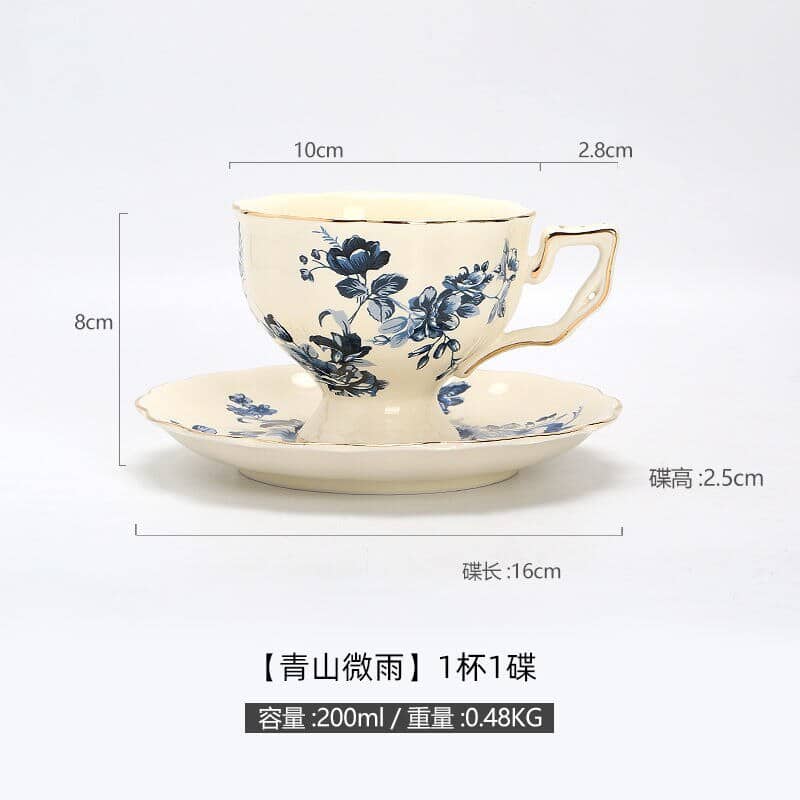 Service à thé anglais style rétro en céramique bleu-blanc 1 tasse 1 sous-tasse