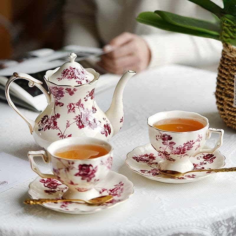 Service à thé anglais style rétro en céramique bleu-blanc_3
