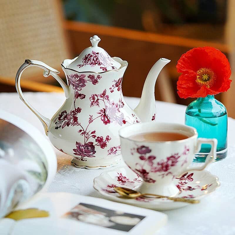 Service à thé anglais style rétro en céramique bleu-blanc_8