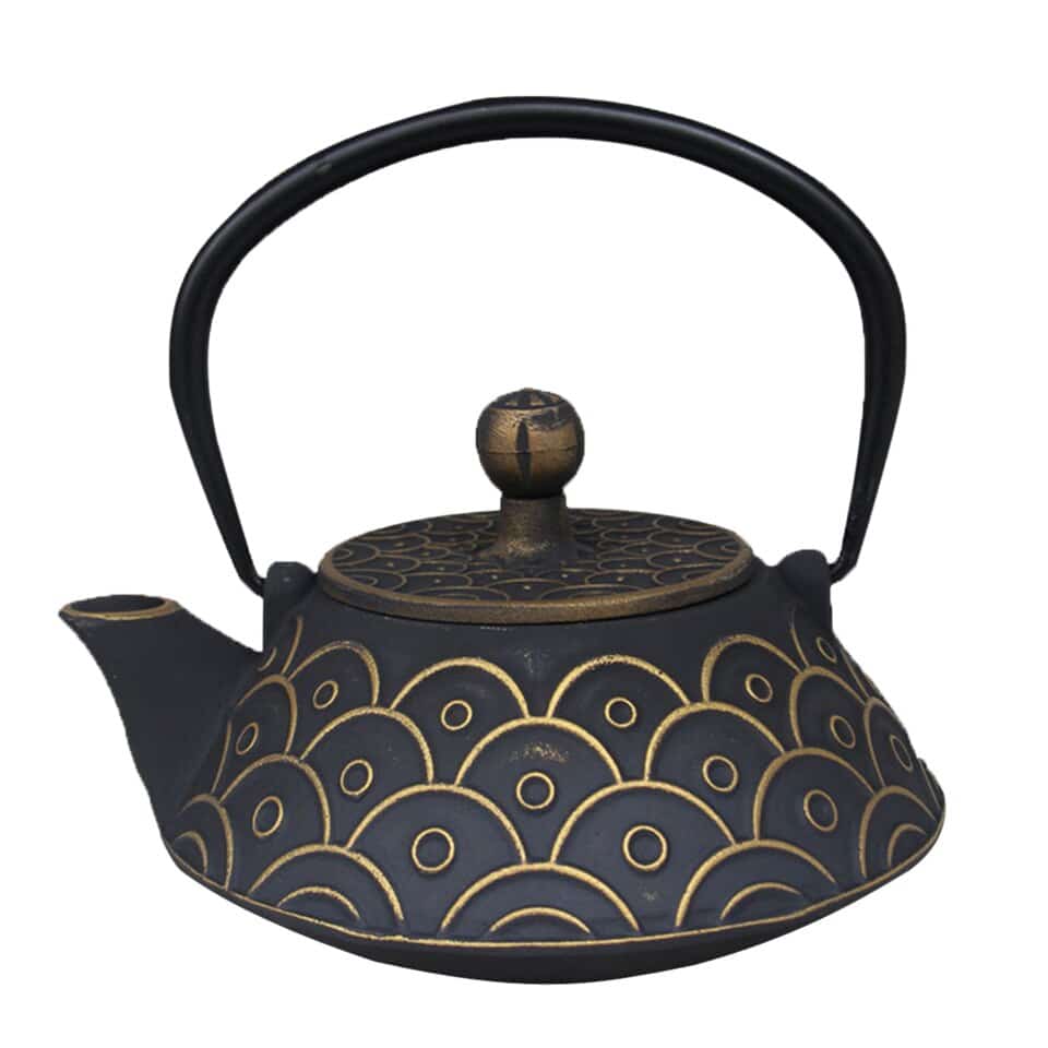 Théière Yixing en fonte noire avec passoire Gold Fish Pattern China