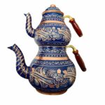 Théière fleurie turque en cuivre avec poignée en bois Bleu foncé TURKEY
