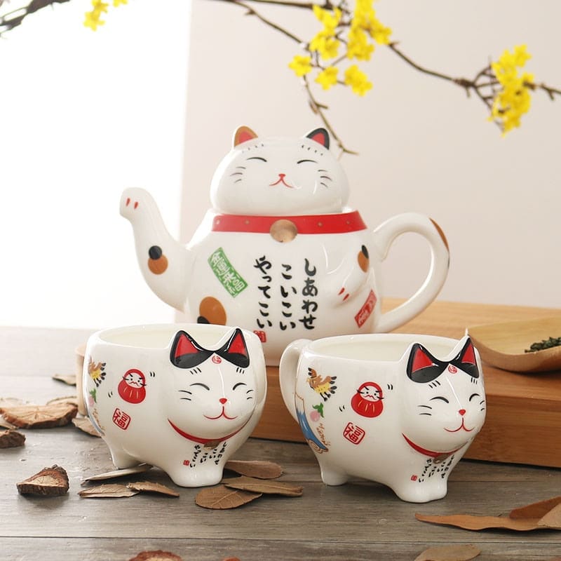Théière japonais motif chat porte-bonheur en porcelaine_1