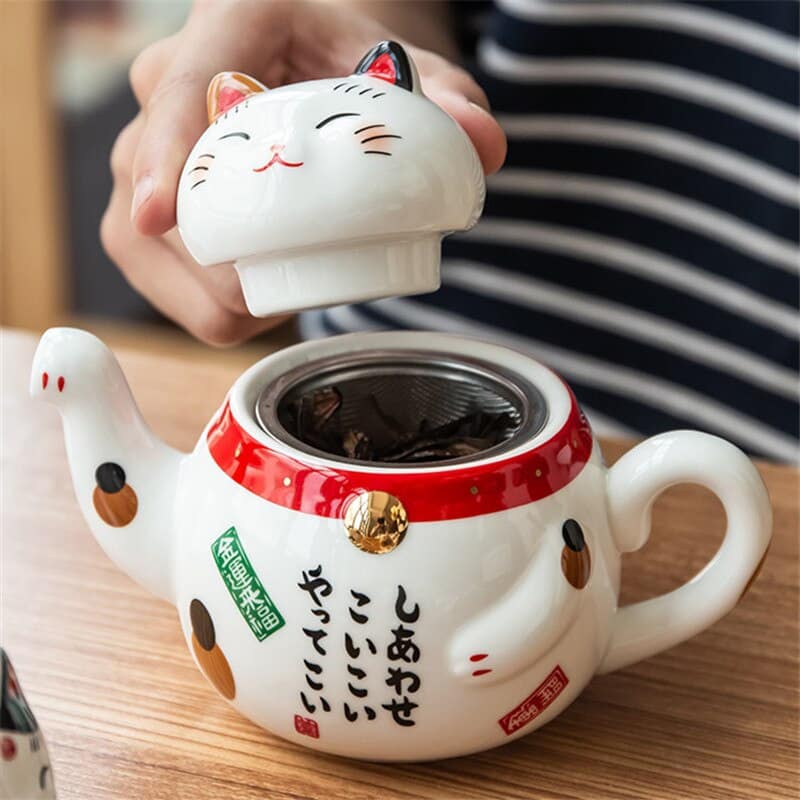 Théière japonais motif chat porte-bonheur en porcelaine_3
