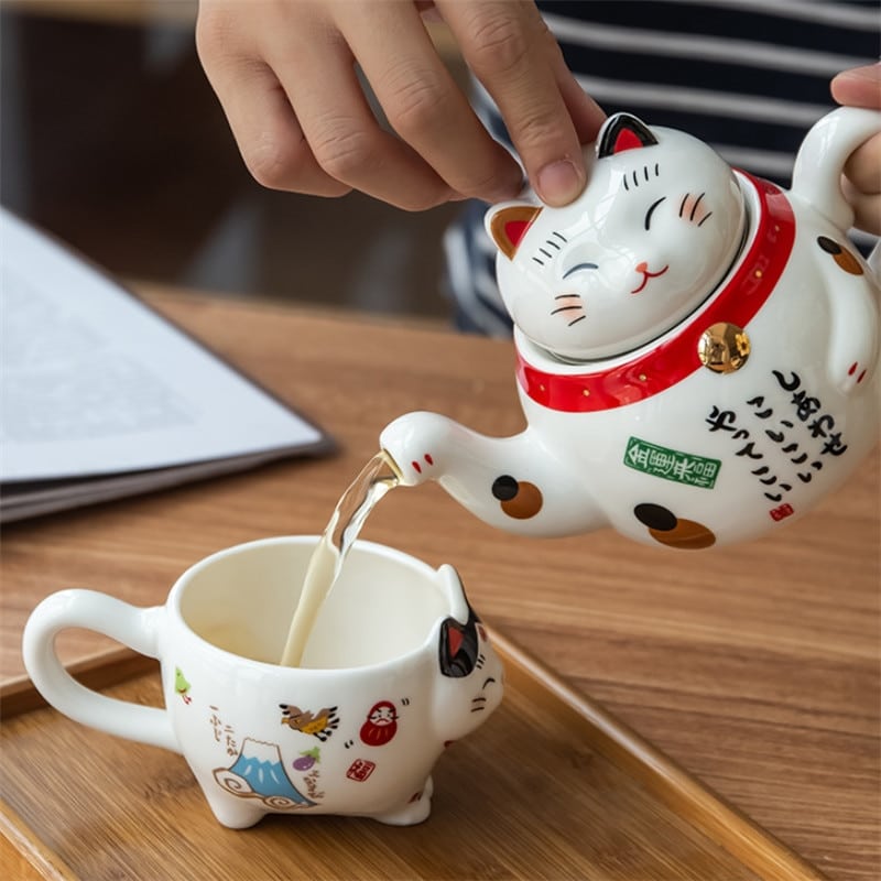 Théière japonais motif chat porte-bonheur en porcelaine_8