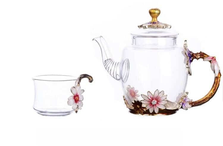 Service à thé marocain en émail motif fleur_3